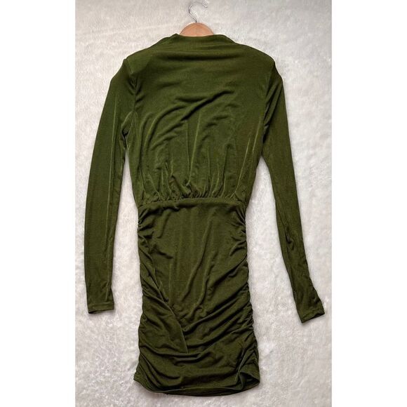 NWT Showpo Kaitie Mini Deep V Open Front Ruched Dress in Khaki, Size 4 - Picture 14 of 16